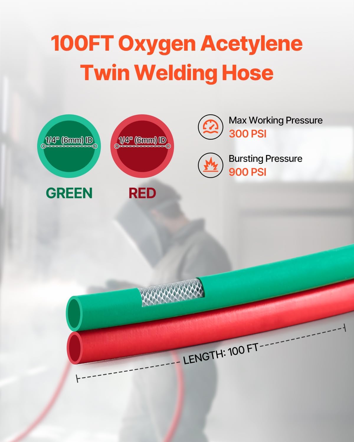 VEVOR Oxygen Acetylene Hose, 1/4-Inch x 100FT Oxy Acetylene Hose with 9/16"-18 B Fitting, 300PSI T Grade Welding Cutting Torch Twin Hose, Compatible with Oxygen, Acetylene,Propane and Other Fuel Gases