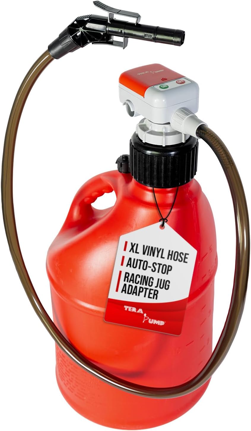 TERA PUMP TRFA03-XL Universal Gas Can Adapter Cap Battery Powered Fuel Transfer Pump (2.3 GPM) No Spill Sensor, 4.27 ft Vinyl Hose, Utility Jug Adapter, Power Nozzle, 4x AA Power