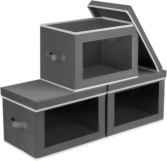 Storage Bins with Lids - Fabric Storage Boxes with Lids, Collapsible Storage Bins with Window, Decorative Closet Organizers and Storage for Clothes, Towels, Books, 3 Packs, Grey