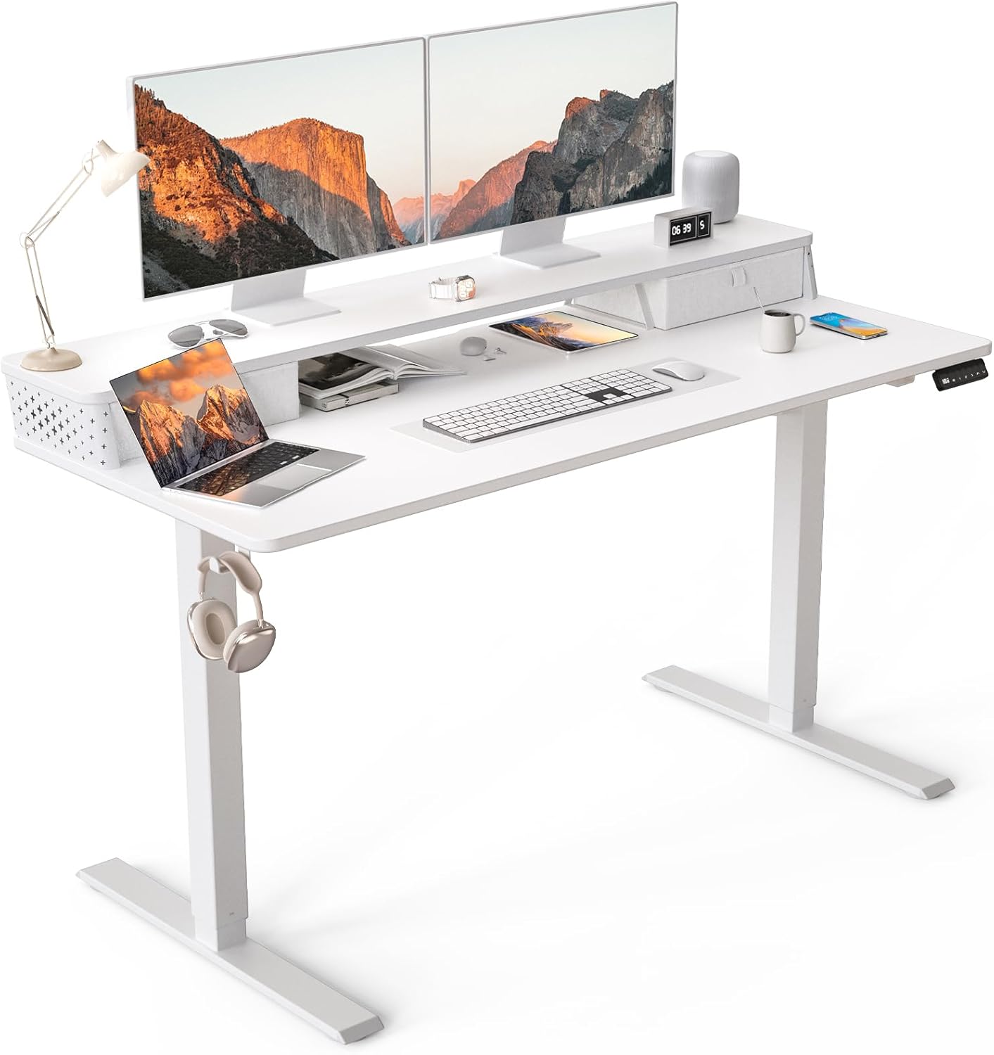 48"x 24" Standing Desk with Drawers, Easy Assembly Design, Adjustable Height Sit Stand Up Desk, Home Office Table with C-Clamp Mount Compatible, 3 Preset Heights & 2 Hooks(Rustic Brown)