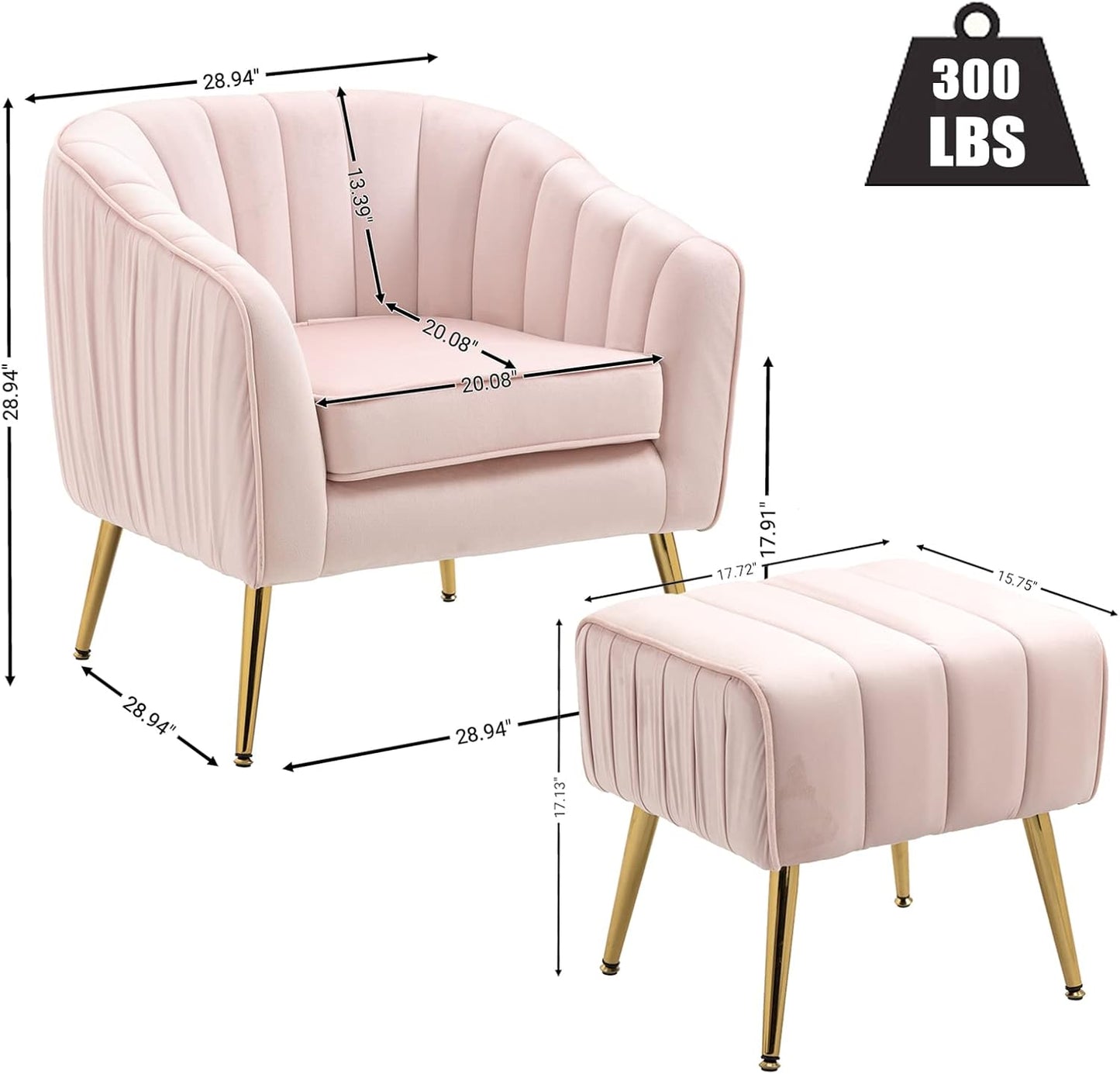 Velvet Accent Sofa Chair with Ottoman, Comfy Living Room Chairs with Adjustable Legs, Modern Upholstered Tufted Lounge Barrel Chair Ottoman Set for Bedroom, Home, Office (Pink)