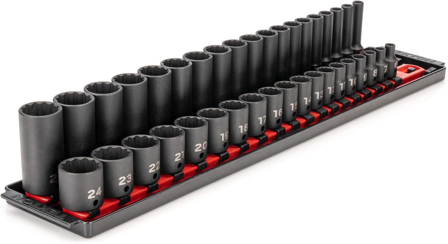 TEKTON 3/8 Inch Drive 12-Point Impact Socket Set with Rails, 68-Piece (1/4-1 in., 6-24 mm) | SID91219