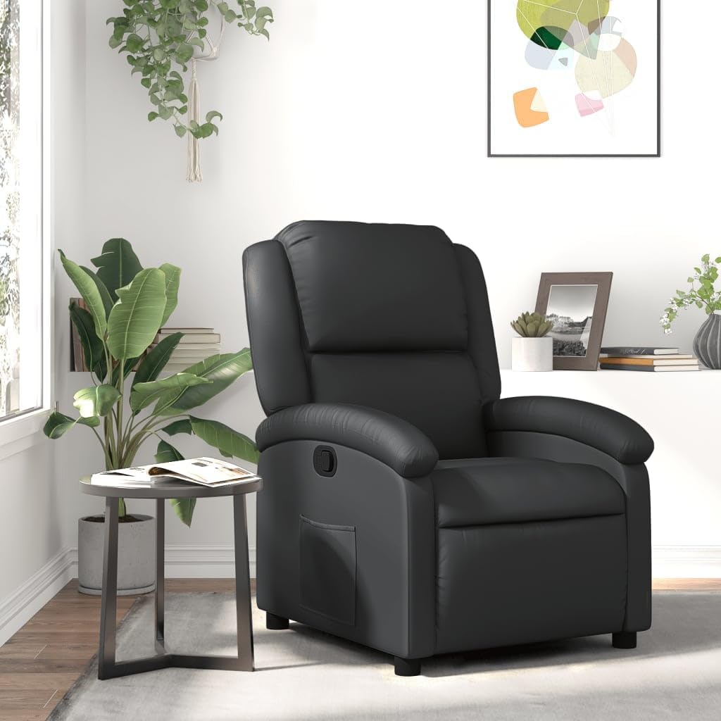 vidaXL Recliner Chair - Black Real Leather, Manual Reclining Function, Comfortable Seating with Solid Wood and Metal Frame, for Office or Living Room