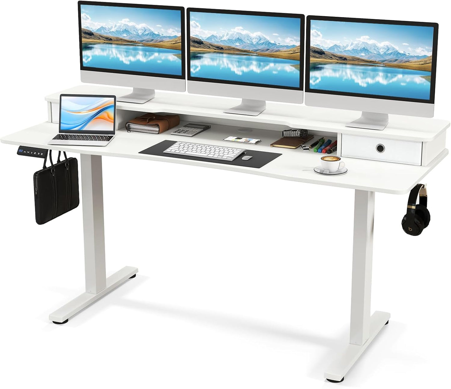 Tangkula 63" x 24" Standing Desk with Drawers, Electric Stand-up Desk with Monitor Stand, Side Hooks, 3 Memory Heights, Anti-Collision Design, Height Adjustable Sit Stand Desk for Home Office
