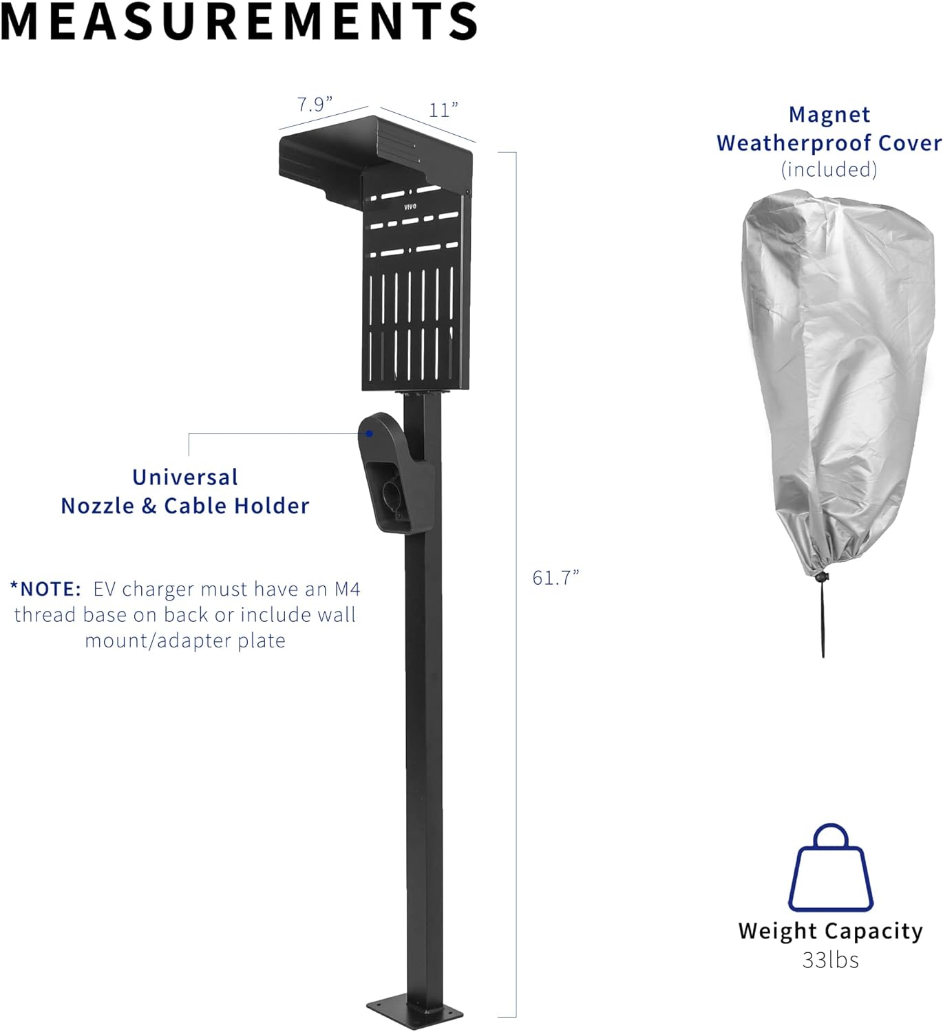 VIVO Outdoor EV Charging Stand, Weather Protection Hood, Pedestal for Charging Station, Floor Mounted, All Weather, Electric Vehicle Pile, Stainless Steel, Black, STAND-EV01C