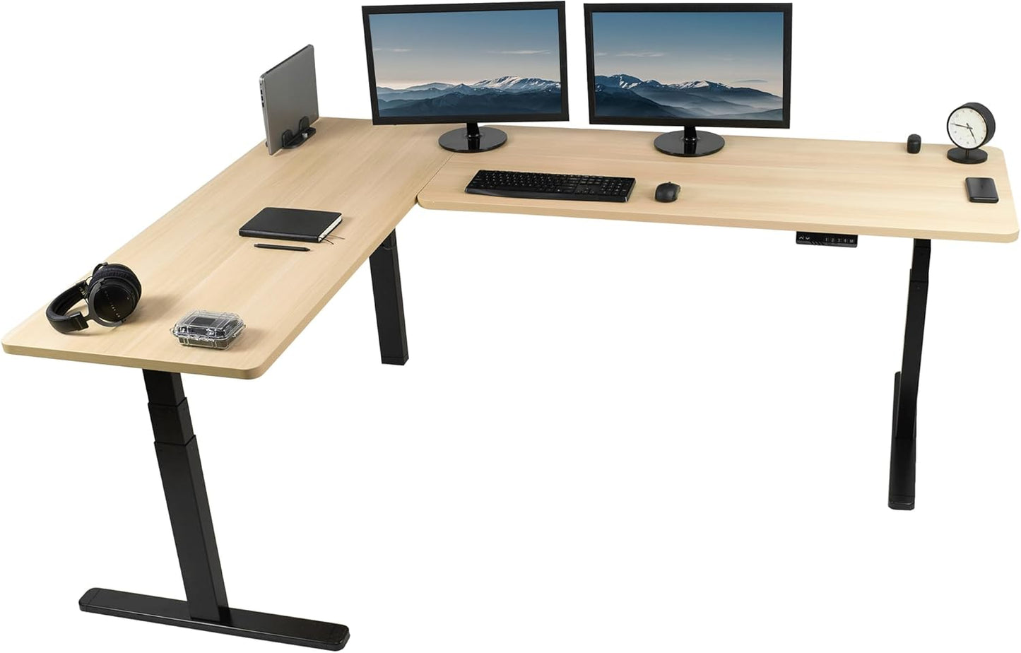 VIVO Electric Height Adjustable 83 x 60 inch Corner Stand Up Desk, 2 Light Wood Solid Table Tops, White Frame, Memory Controller, L-Shaped Workstation, 3E Series, DESK-KIT-3E8C