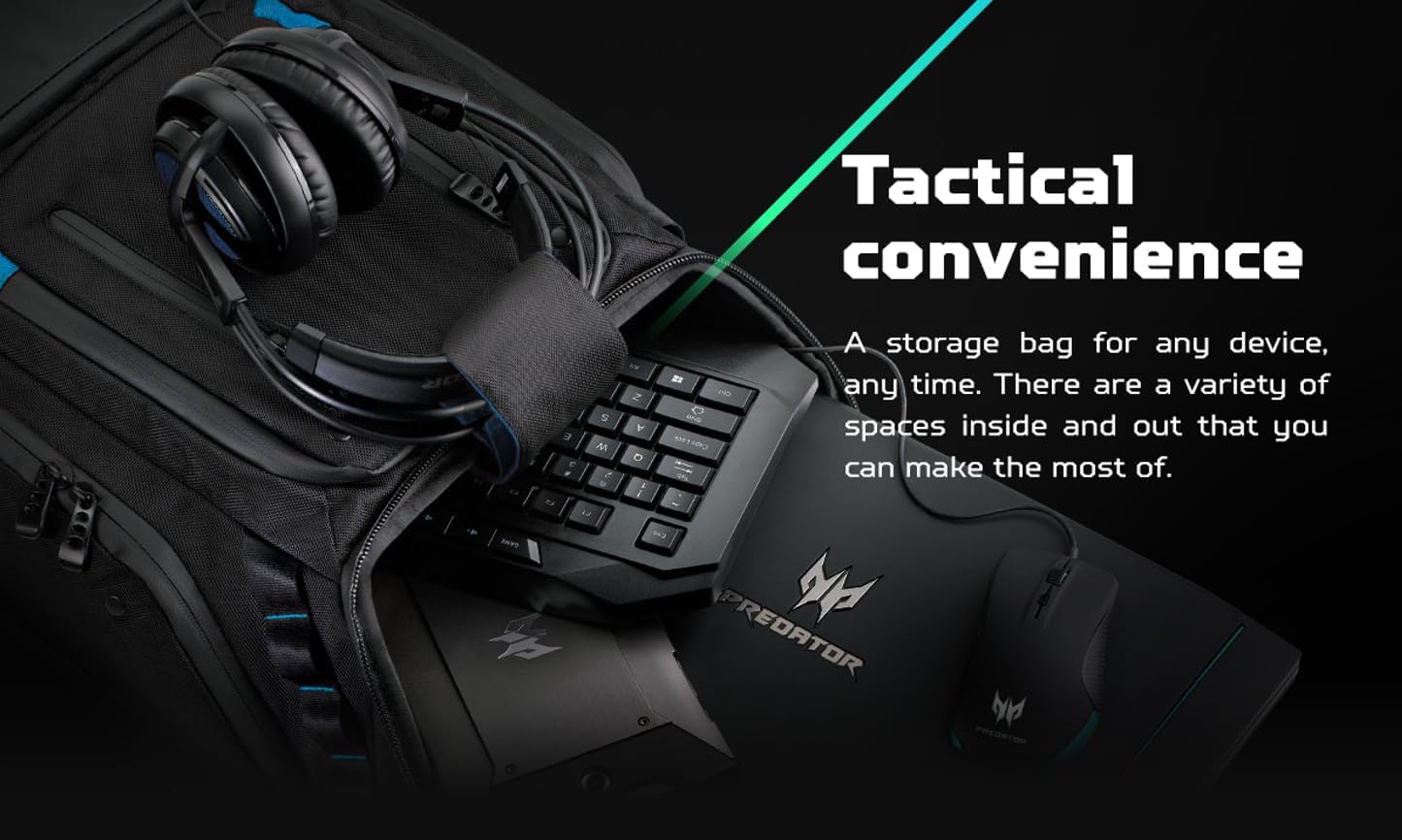 Acer PBG591 Predator Utility Gaming Backpack, Water Resistant and Tear Proof Travel Backpack Fits and Protects Up to 17.3" Predator Gaming Laptop, Black with Teal Accents