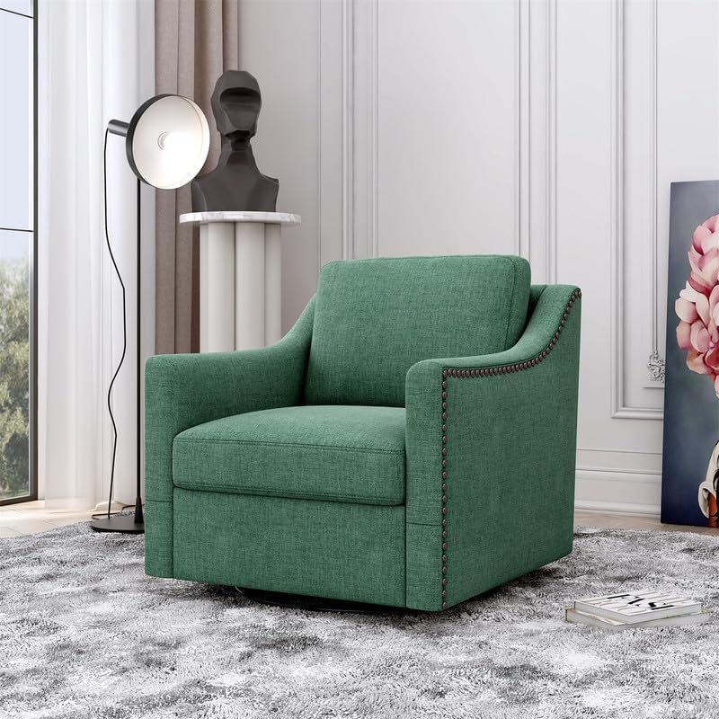 Swivel Accent Chair Armchair, 360° Swivel Chair in Cotton Linen, Living Room Chairs with Wide Cusion and Curved Armrest, Comfy Barrel Sofa Reading Chairs for Bedroom, Small Spaces, Office, Green