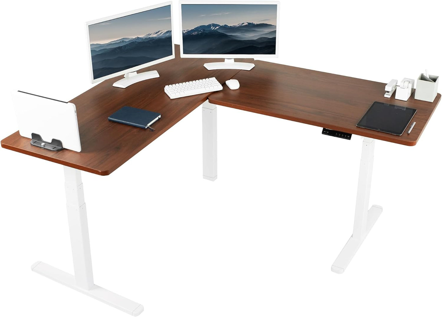 VIVO Electric Height Adjustable 83 x 60 inch Corner Stand Up Desk, 2 Light Wood Solid Table Tops, White Frame, Memory Controller, L-Shaped Workstation, 3E Series, DESK-KIT-3E8C