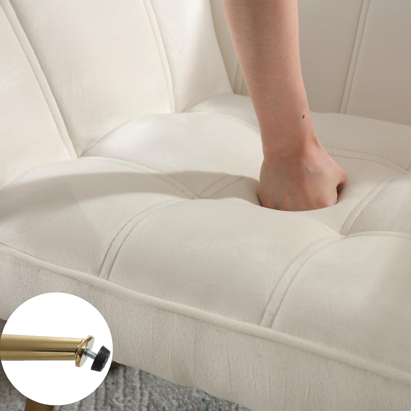 Accent Chair with Ottoman, Upholstered Velvet Armchair with Wood Legs Fluffy Armchair Side Chair Sofa Chair Reading Chair Living Room Chair with Footstool for Bedroom Apartment, Cream
