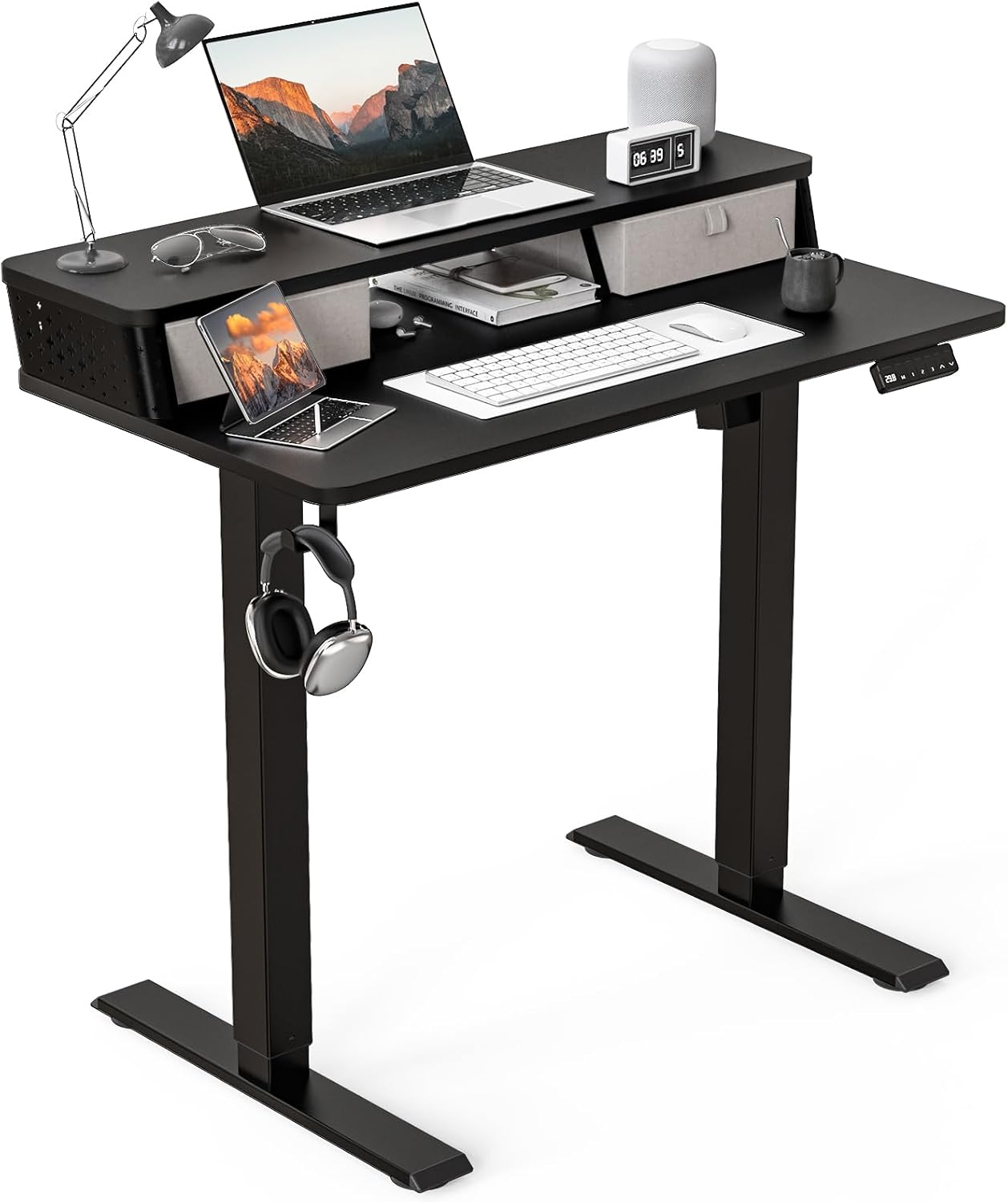 48"x 24" Standing Desk with Drawers, Easy Assembly Design, Adjustable Height Sit Stand Up Desk, Home Office Table with C-Clamp Mount Compatible, 3 Preset Heights & 2 Hooks(Rustic Brown)
