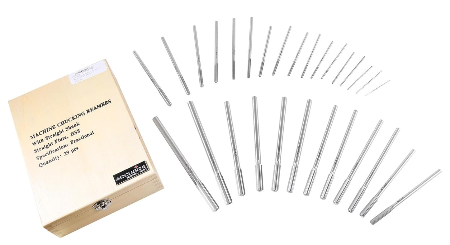 Accusize Industrial Tools 29 Pc 1/16'' to 1/2'' by 1/64'' H.S.S. Chucking Reamer Set, Straight Flute, Right Hand Cut, 5500-SF00