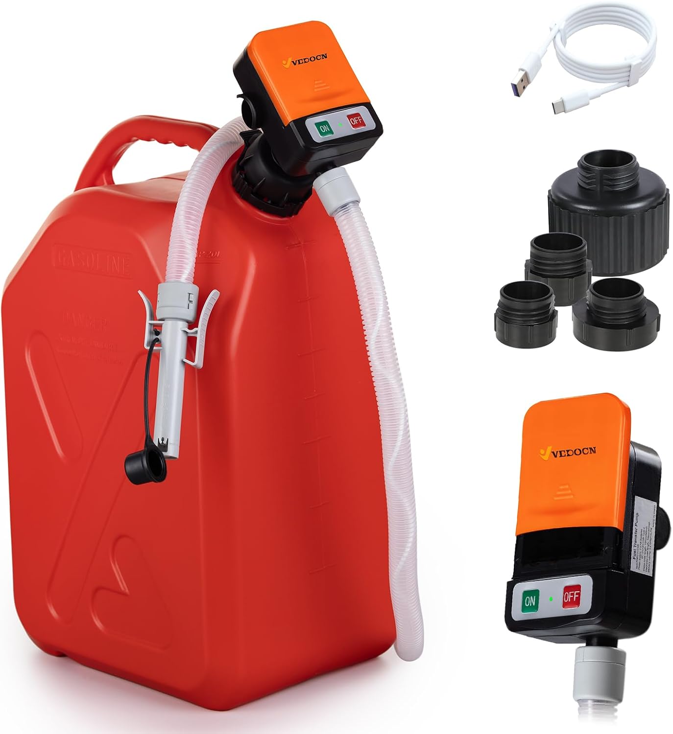 Automatic Fuel Transfer Pump with Auto-Stop, 51'' Extra Long Hose, 3.2 Gallon per Min, Fast and Safe Portable Gas Can Pump for Oil,Battery or USB Powered, 4 Can Adapters,Diesel,Gasoline (Gray)