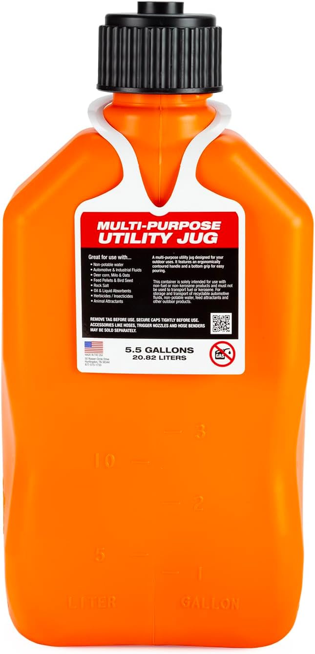 VP Racing Fuels 5 Gallon Square Motorsport Utility Jug Orange w/ 14 Inch Standard Hose. Features Close-Trimmed Cap and Neck for Tight Seal