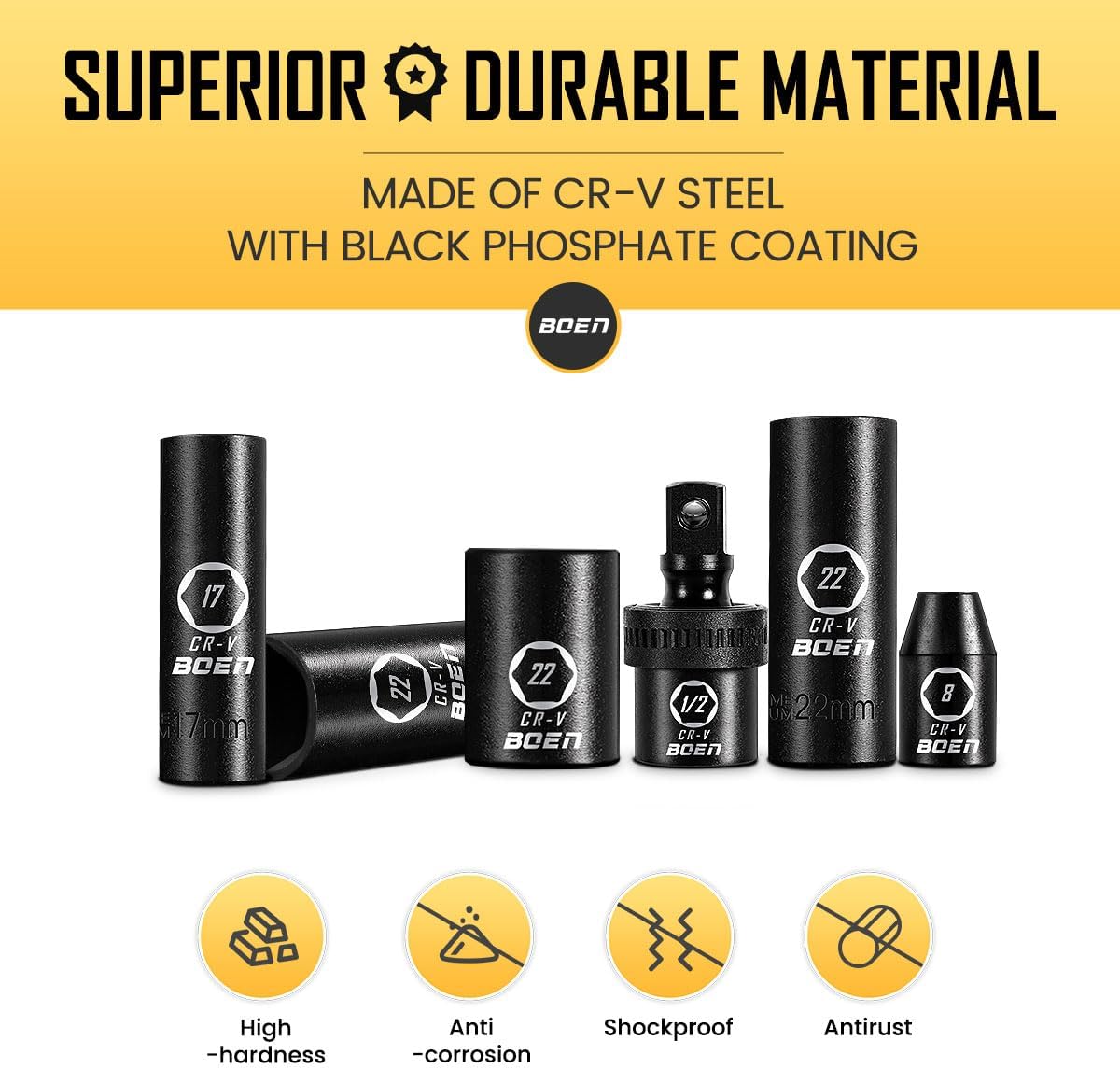 BOEN 1/2" Drive Impact Socket Set, 33 Piece Deep & Shallow Metric Socket Set 8mm to 22mm, Includes 5", 10" Extension Bars, Universal Joint, 6 Point Design, Cr-V Steel, Meets ANSI Standards