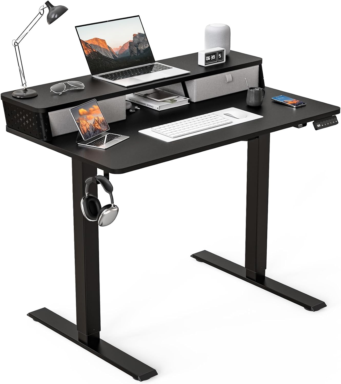 48"x 24" Standing Desk with Drawers, Easy Assembly Design, Adjustable Height Sit Stand Up Desk, Home Office Table with C-Clamp Mount Compatible, 3 Preset Heights & 2 Hooks(Rustic Brown)