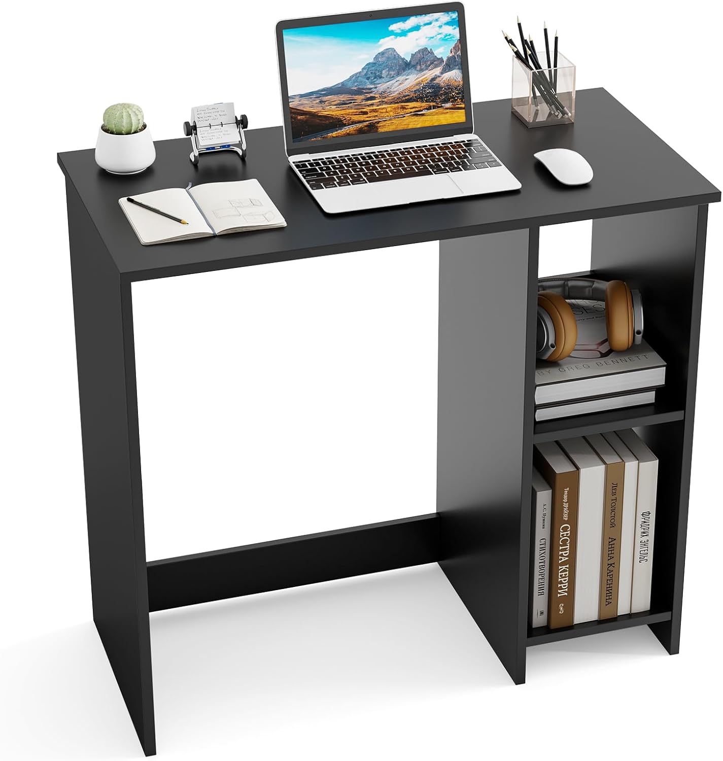 Tangkula Small White Desk with Shelves, Compact Desk for Small Space, Study Writing Table with 2 Tier Shelves, Modern Simple Style Laptop PC Table, White