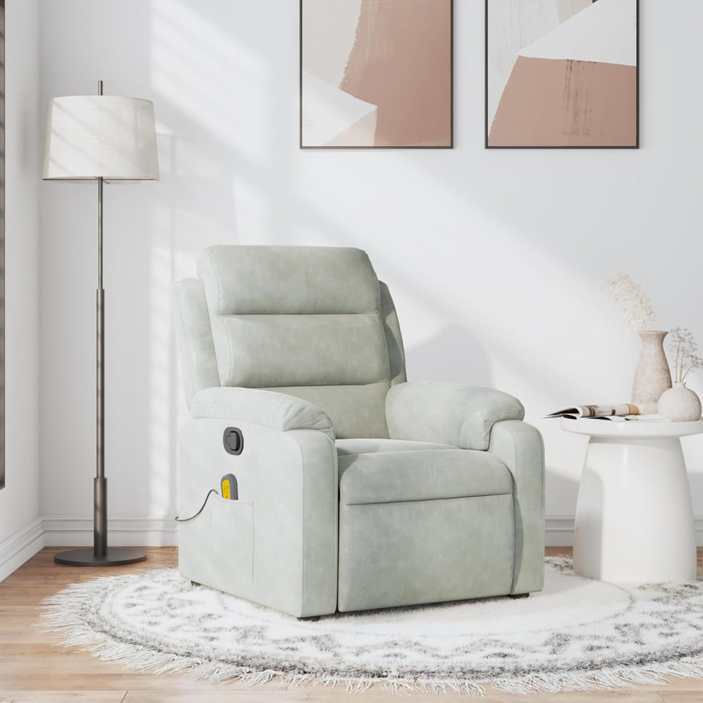 vidaXL Massage Recliner Chair with 6-Point Vibration Massage and Convenient Side Pocket, Light Grey Velvet Rocker, Adjustable Backrest & Footrest Lounge Seat for Living Room, USB Charge Port