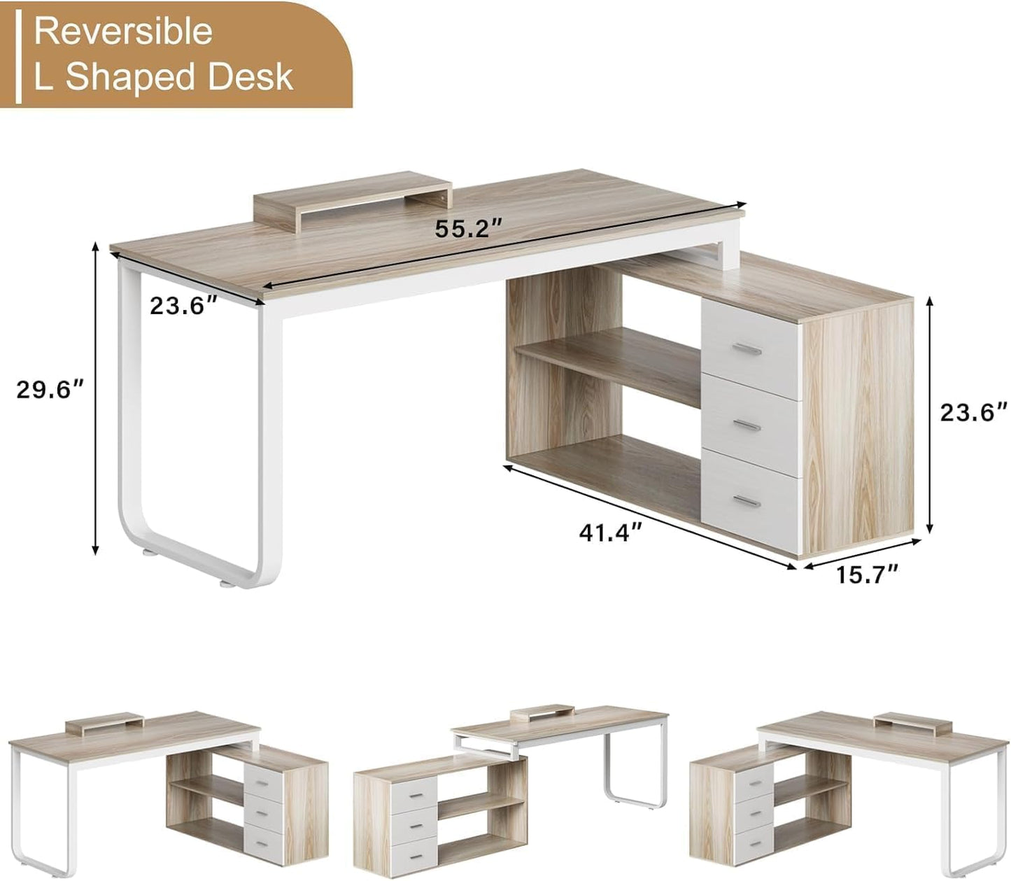 55 Inch Reversible L Shaped Computer Desk with 3 Drawers, Corner Desk with Storage Shelves and Removable Monitor Stand, White and Walnut