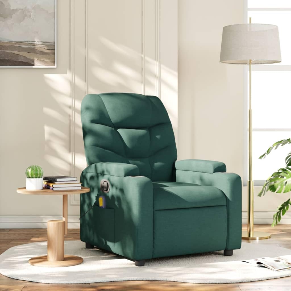 vidaXL Dark Green Manual Massage Recliner Chair - Fabric Upholstered Vibrating Lounge Armchair with Cup Holders for Living Room