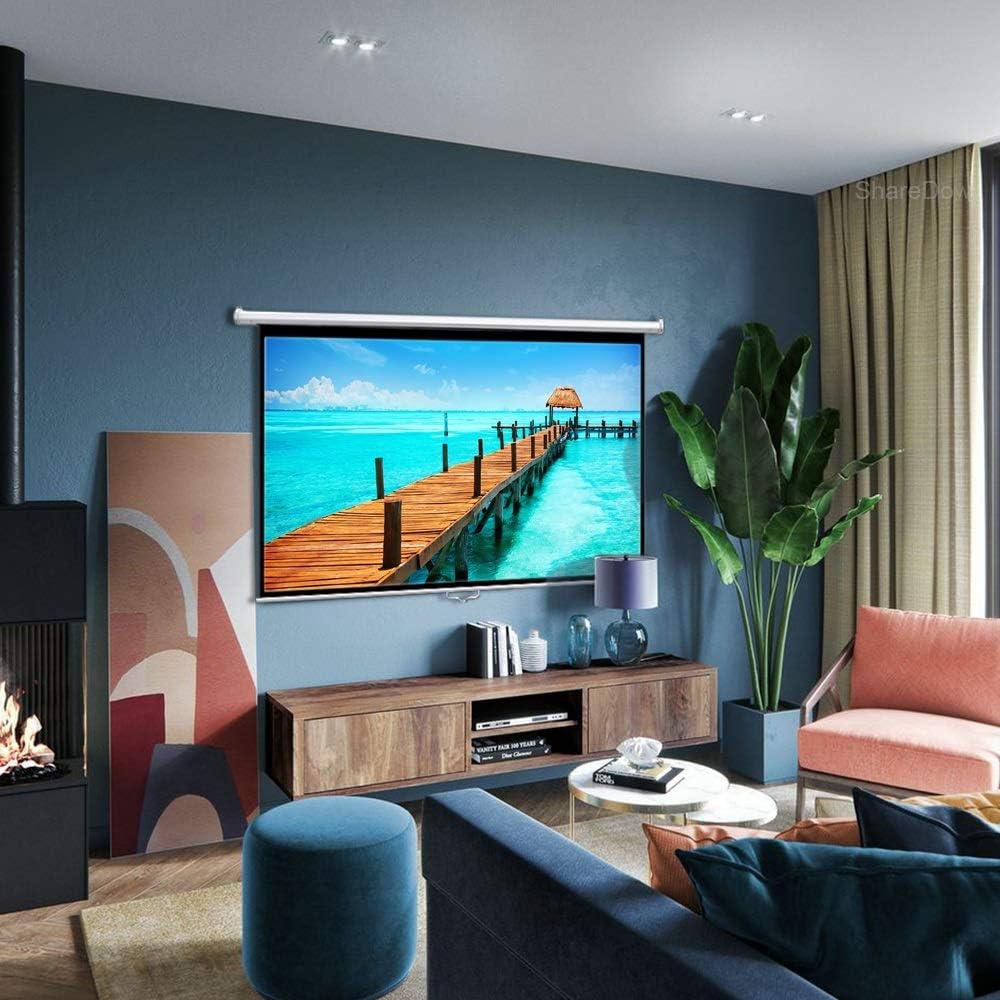 60-84 Inch 16:9 Manual Pull Down Projector Screen Self Locking Matte White Fabric Fiber Glass Movie Screen for Home Theater (Size : 60 inch) ()