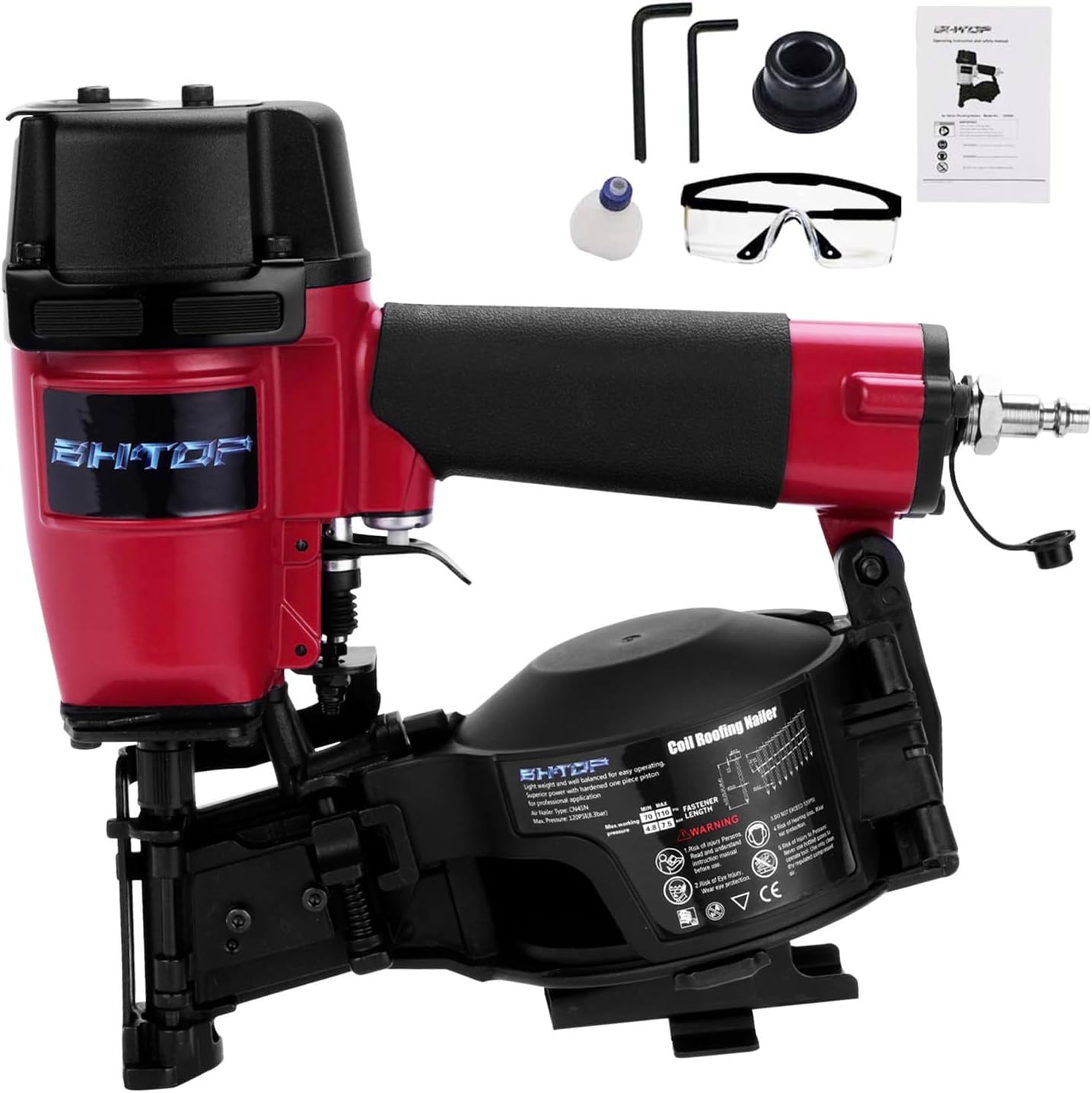 BHTOP Mexican CN45N Roofing Nailer, 15 Degree Roofing Nail Gun, 3/4-Inch to 1-3/4-Inch Coil Nails, 120-pcs Load Capacity Coil Naile (Green/Red)