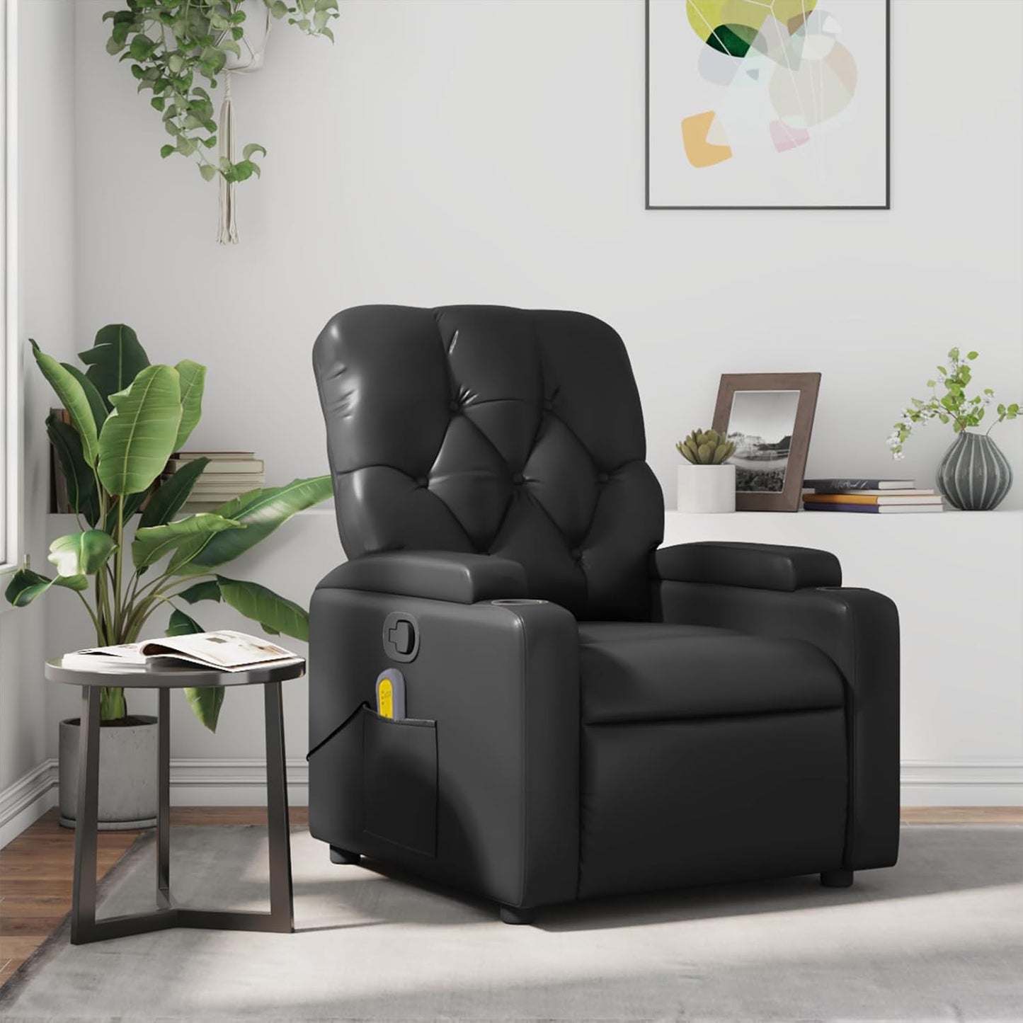 vidaXL Leather Massage Recliner Chair for Living Room, Home Theater, 6-Point Vibration Massage, Adjustable Back & Footrest, Cup Holders, Black