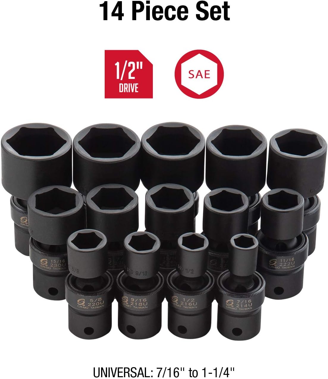 SUNEX TOOLS 2644, 1/2 Inch Drive Universal Impact Socket Set, 14-Piece, SAE, 7/16" - 1-1/4", Cr-Mo Alloy Steel, Radius Corner Design, Heavy Duty Storage Case