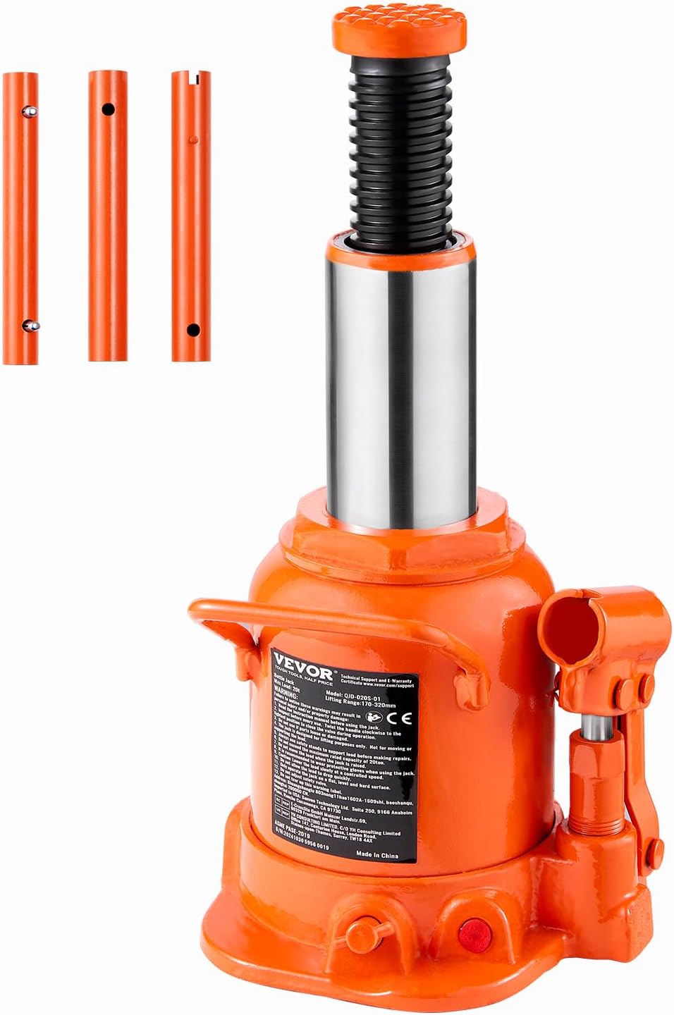 VEVOR Hydraulic Bottle Jack, 20 Ton/44092 LBS All Welded Bottle Jack, 7.5-14 inch Lifting Range, with 3-Section Long Handle, for Pickup Truck, Truck, Car, RV, Auto Repair, Industrial Engineering