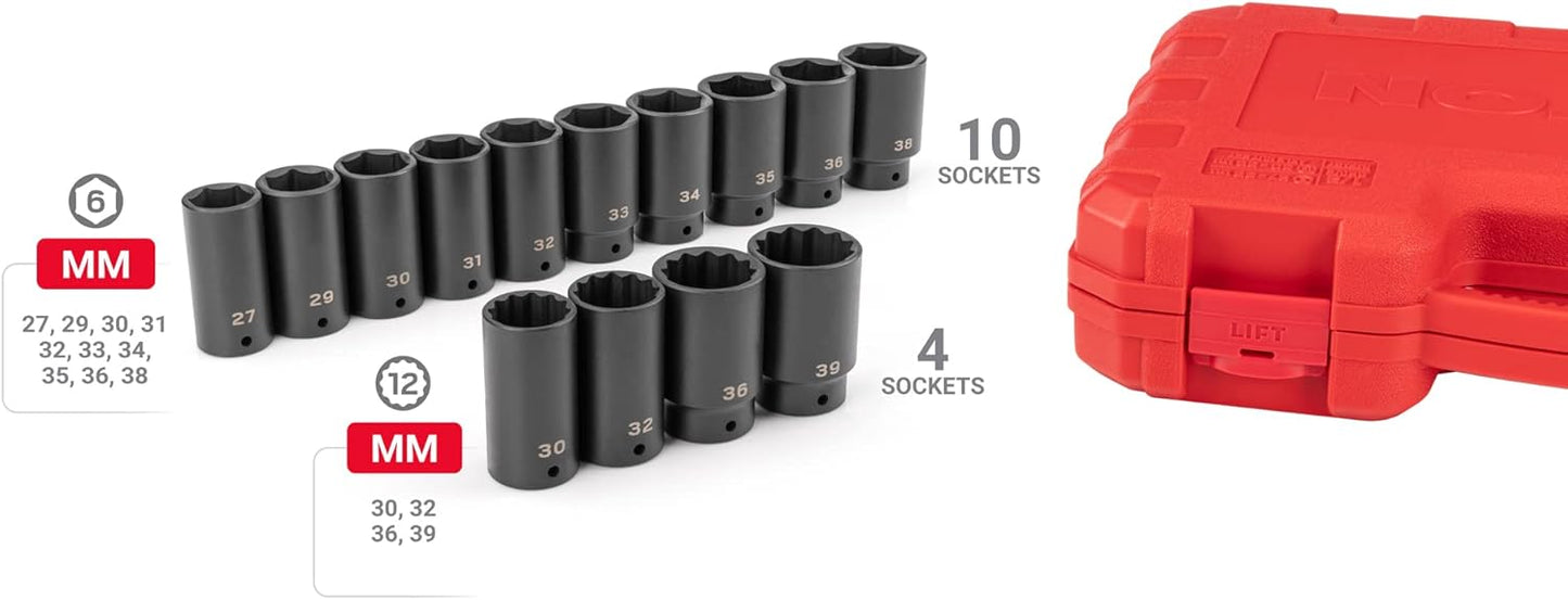 TEKTON 1/2 Inch Drive Deep 6-Point and 12-Point Axle Nut Impact Socket Set with Case, 14-Piece (27-39 mm) | SID92341