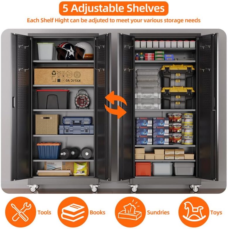 Aobabo Garage Storage Cabinet with Door Pegboard,Lockable Metal Storage Cabinet with 5 Adjustable Shelves for Garage Home,Required Assembly,Black