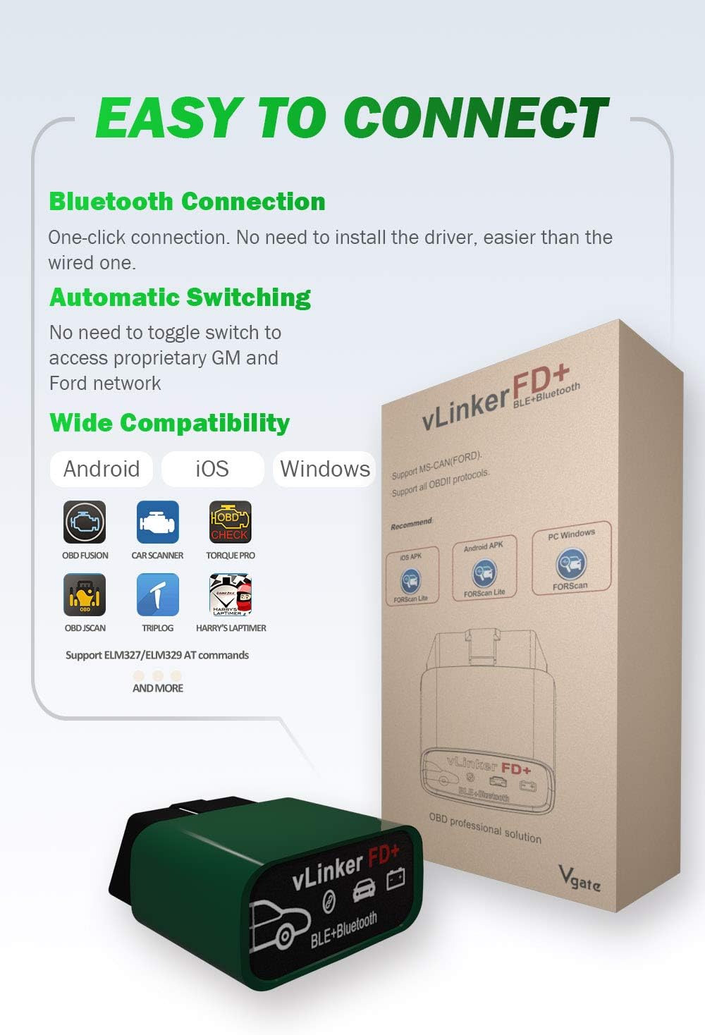 vgate vLinker FD Plus OBD2 Adapter Bluetooth BLE Scanner for FORScan, Work with iPhone, Android, and Windows