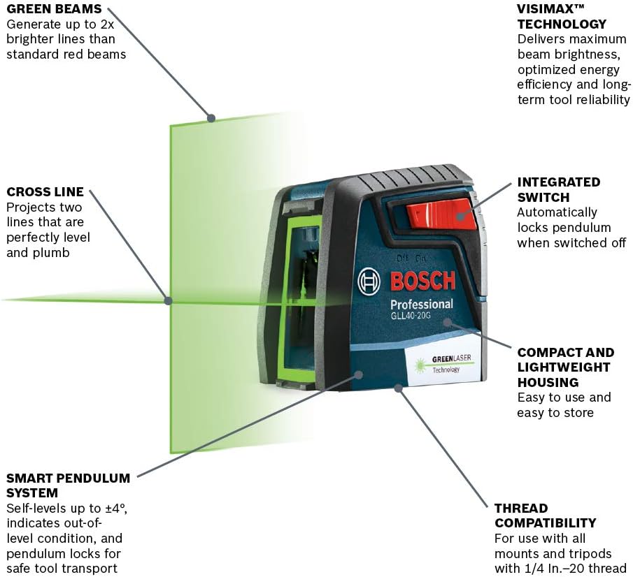 Bosch GLL40-20G 40 foot Self Leveling Green Beam VisiMax Cross Line Laser with Smart Pendulum System, Class II laser product, <5mW power output