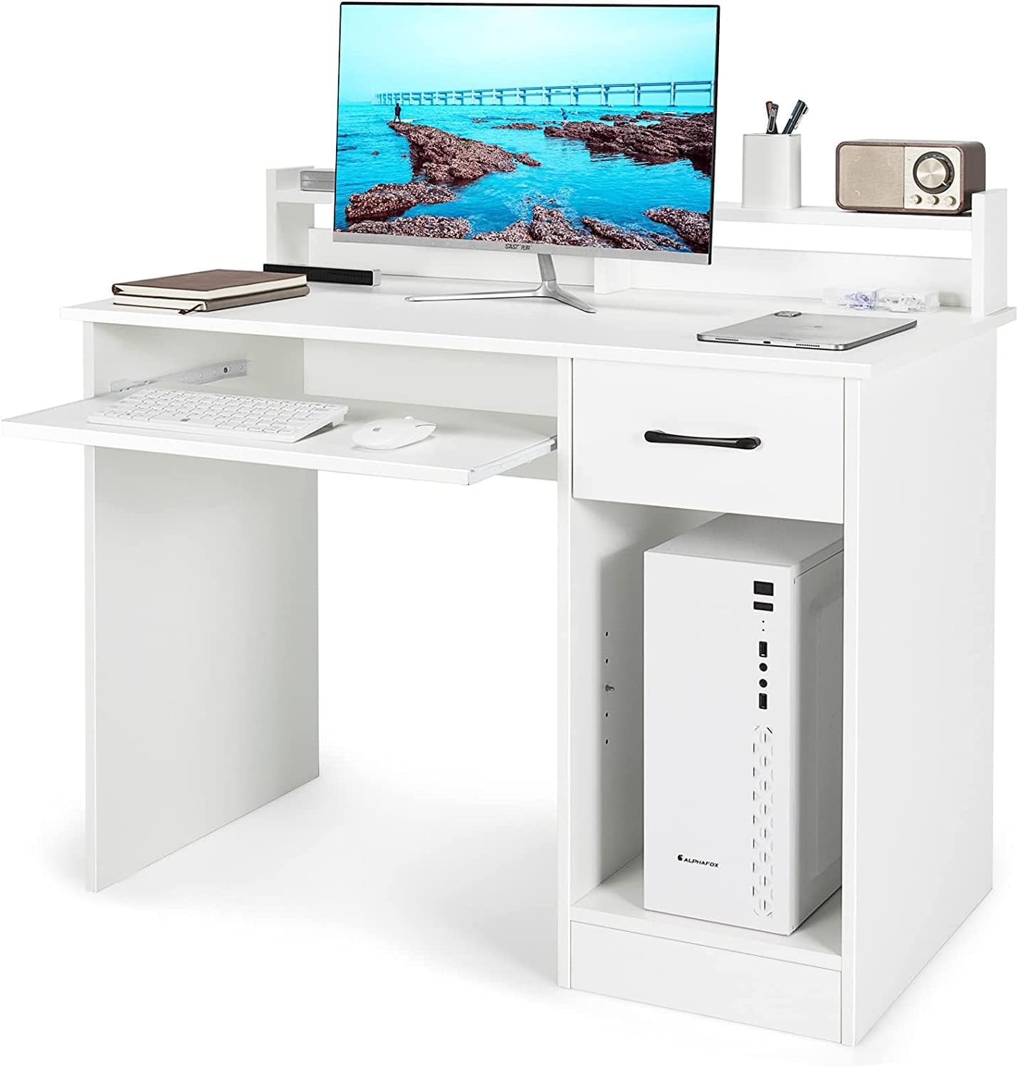 Tangkula Computer Desk with Drawer & Keyboard Tray, Modern Study Writing Desk with Desktop Hutch & Storage Shelves, Home Office Wooden PC Laptop Desk, Desk for Bedroom