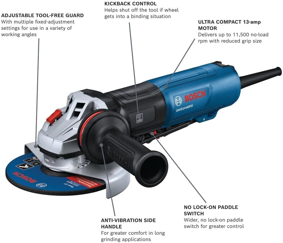 BOSCH GWS14-60PD 6 In. Angle Grinder | 13-Amp Motor, 9,700 RPM, No Lock-On Paddle Switch, Anti-Vibration Handle, KickBack Control, Soft Start, Overload Protection