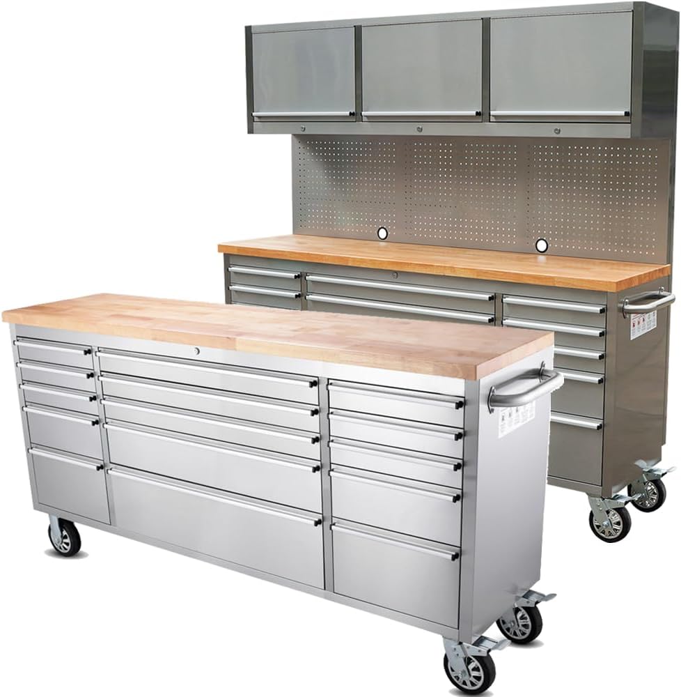 2 Pack - 72" Stainless Steel Rolling Tool Chest with 15 Drawers, Mobile Workbench, Assembled Large Tool Box Lockable Storage Cabinet with Wheels for Garage Workshop (2 × HTC7215W1)