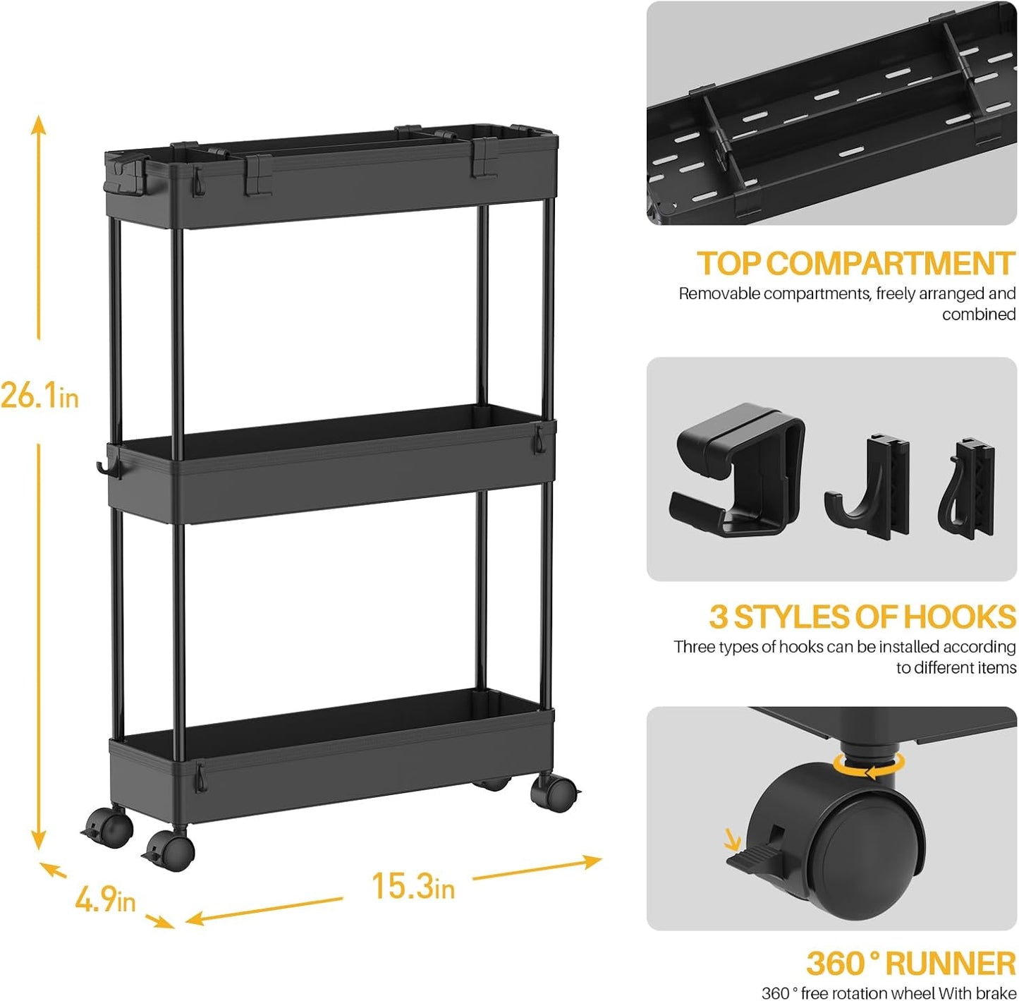 SPACELEAD Slim Storage Cart 3 Tier,Bathroom Organizer Rolling Utility,Mobile Shelving Unit Slide Out for Office, Kitchen, Laundry Room & Narrow Places,Black