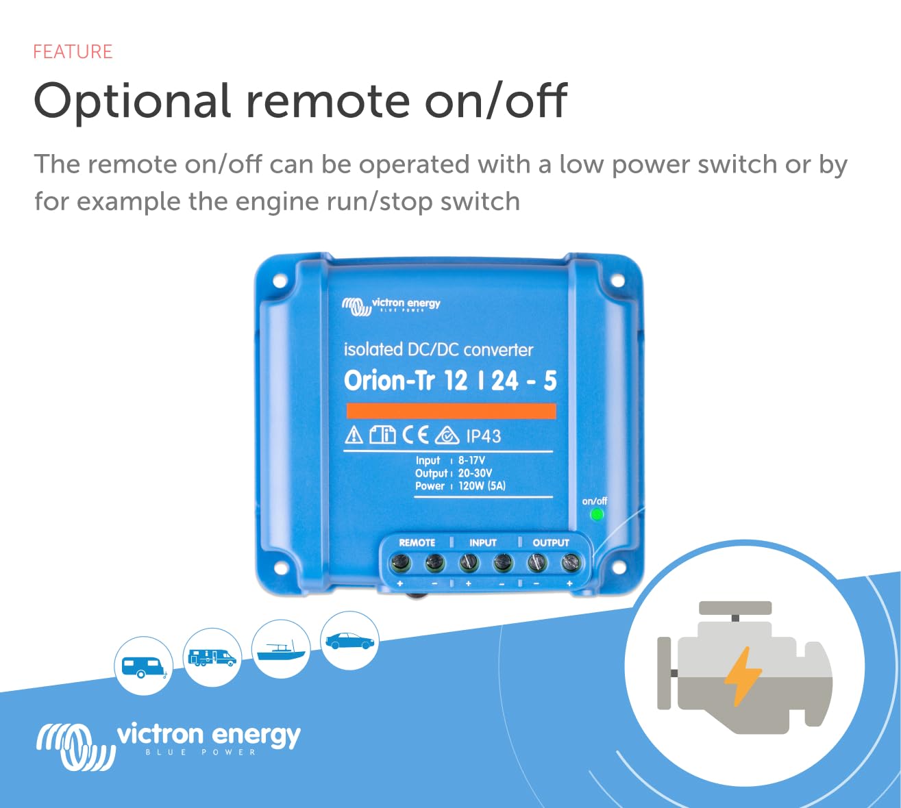 Victron Energy Orion-Tr DC to DC Converter - 12/24-Volt 5 amp 120-Watt - IP43 Protected - for Dual Battery Systems - Isolated