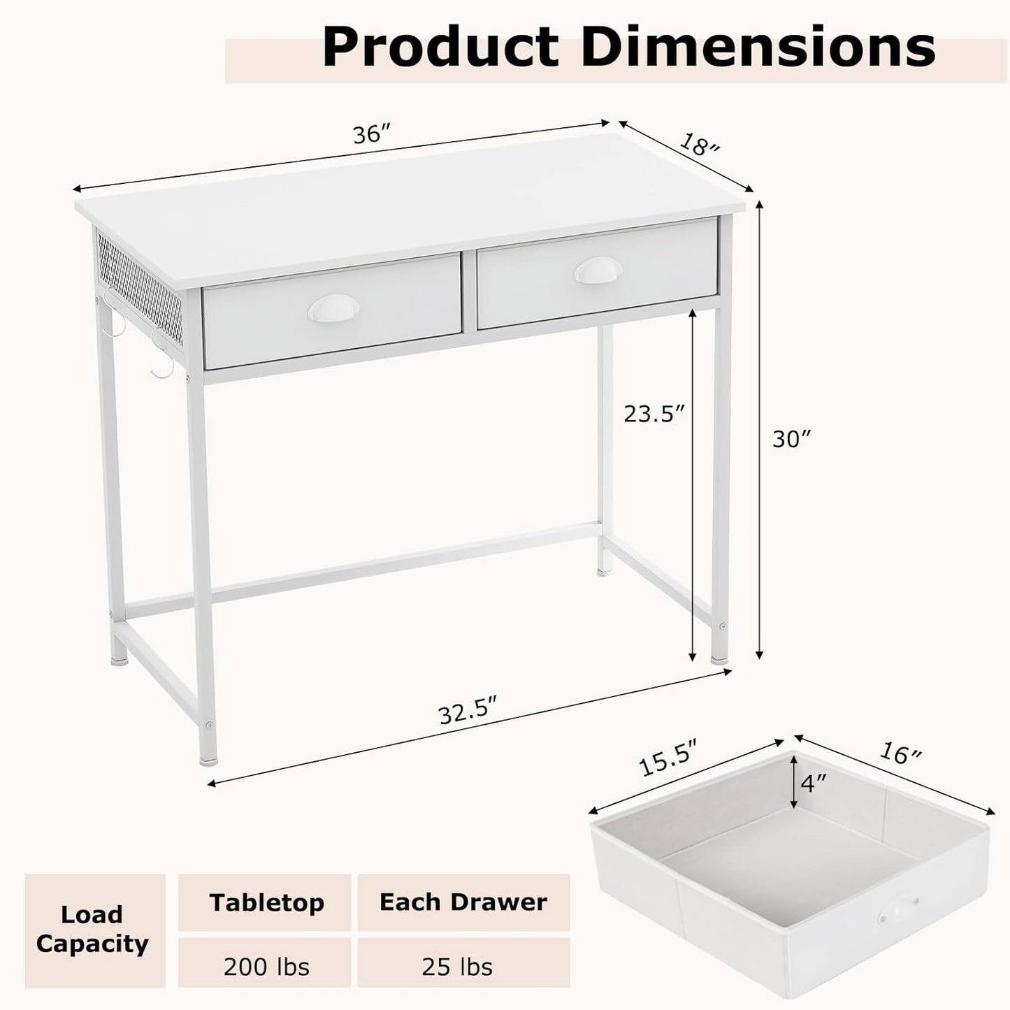 Tangkula Computer Desk with 2 Storage Drawers & 4 Hooks, Home Office Study Writing Desk with Metal Frame, Computer Workstation, Space Saving Laptop Desk for Bedroom Living Room (White)