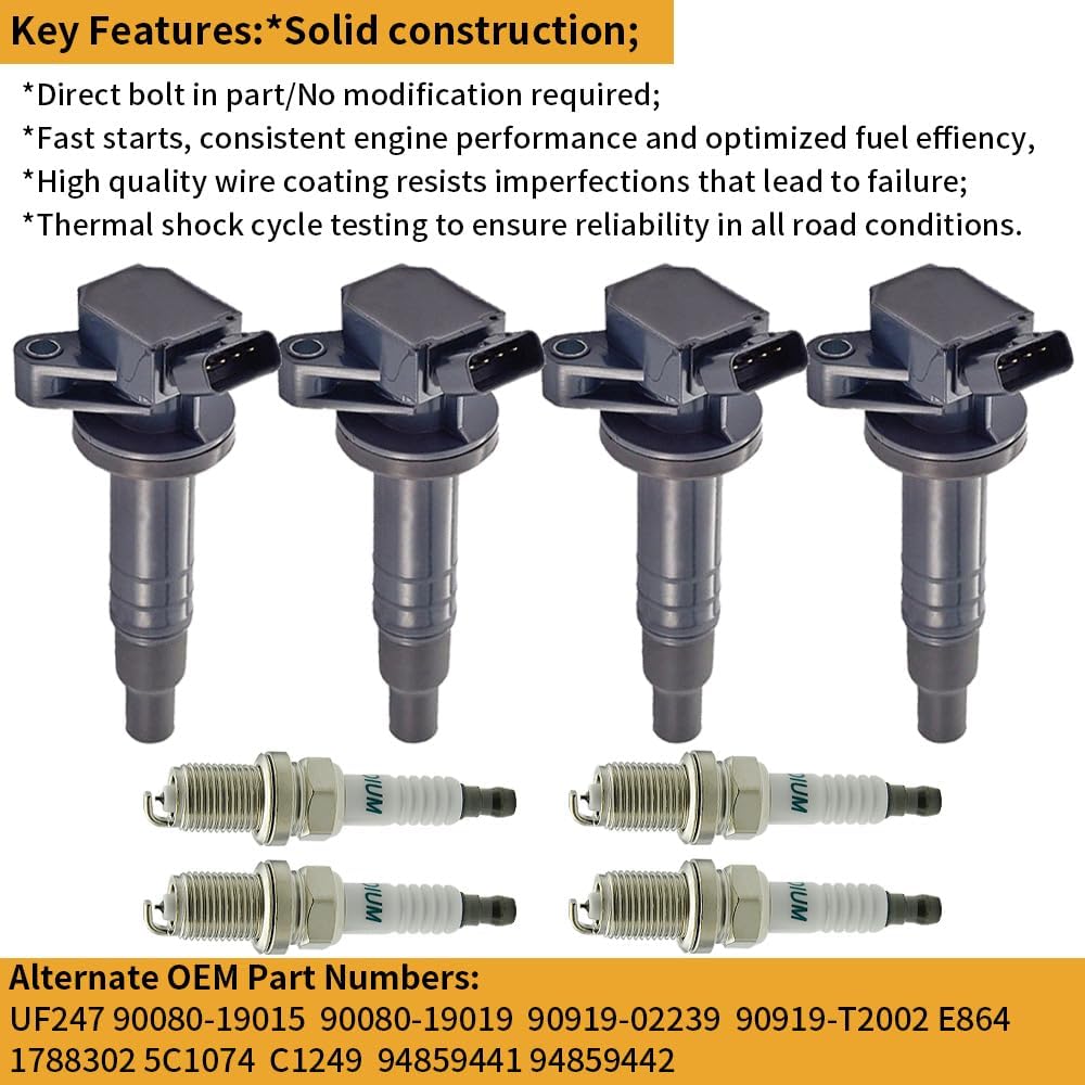 Set of 4 UF247 Ignition Coil & 4503 Iridium Spark Plug Compatible with 2000-2008 Toyota Corolla Chevrolet Prizm Pontiac Vibe Celica MR2 Matrix C1249 9091902239 5C1074 1.8 L4