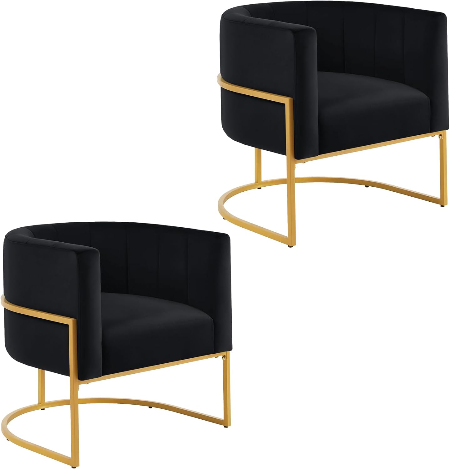 Setawix Velvet Accent Barrel Chairs Set of 2,Upholstered Arm Chairs for Living Room Bedroom,Channel Tufted Club Chair,Mid Century Modern Round Single Sofa Chair with Golden Metal Leg (Black 1 Pair)