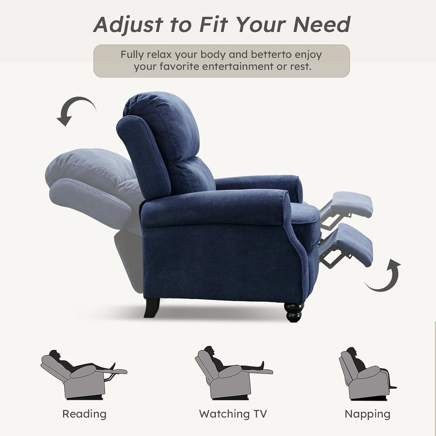 Bonzy Home Pushback Recliner Chair Set of 2, Push Back Reclining Chair with Padded Seat, Comfy Fabric Recliner for Living Room Bedroom Home Theater, Navy Blue