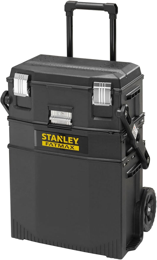 Stanley 1-94-210 FatMax Range Cantilever Workshop Trolley - Removable Divider Organiser - V-Slot for Extra Cutting - Telescopic Handle - Locking Latch - Large Diameter Wheels