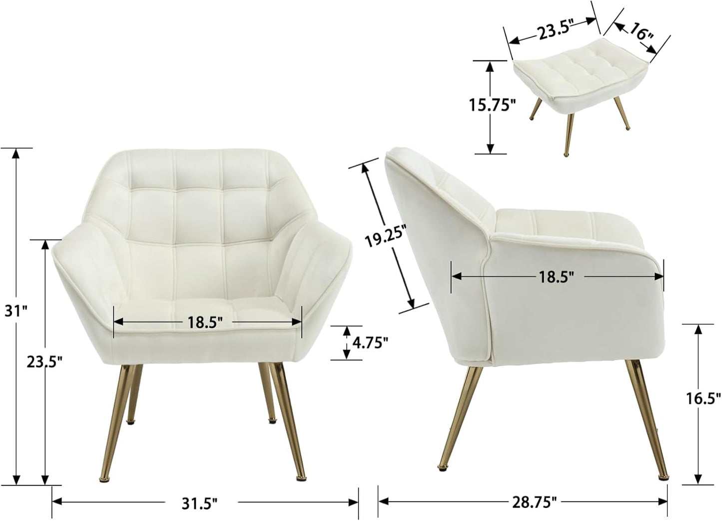 Accent Chair with Ottoman, Upholstered Velvet Armchair with Wood Legs Fluffy Armchair Side Chair Sofa Chair Reading Chair Living Room Chair with Footstool for Bedroom Apartment, Cream