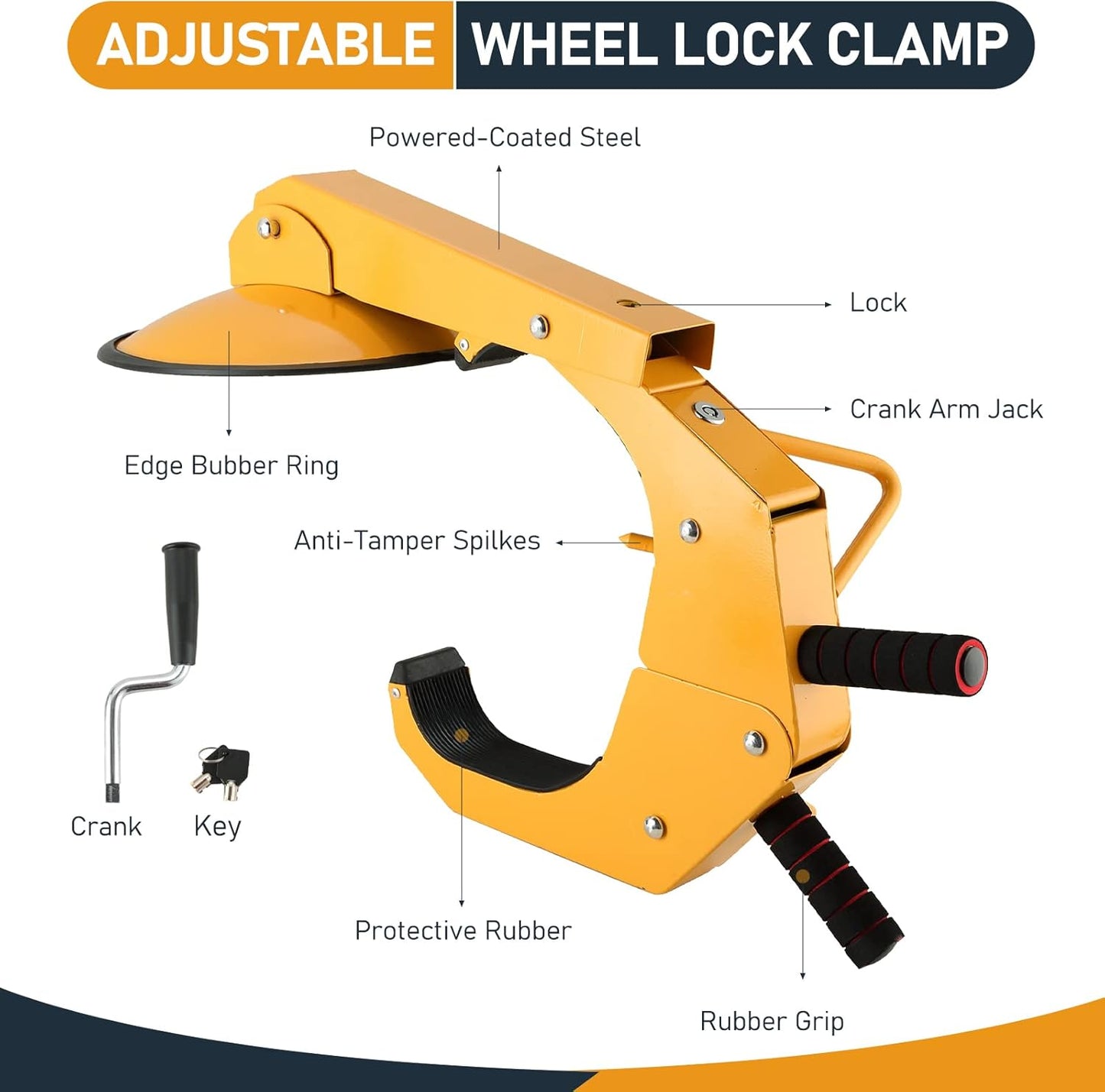 ATPEAM Wheel Lock Clamp, Anti-Theft, Heavy Duty, Adjustable, Tire Lock, 2 Pack, Black, Yellow