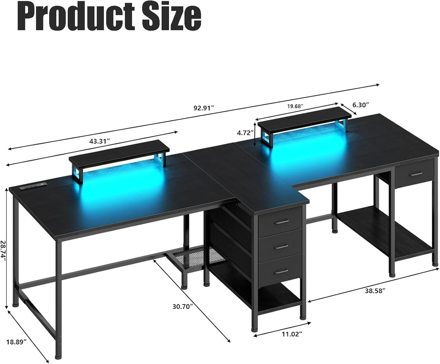 93 Inch 2 Person Desk with Power Outlet & LED Light, Extra Long Double Desk with 2 Monitor Stands, Large Home Office Desk for Two People with 4 Adjustable Storage Drawers, Black