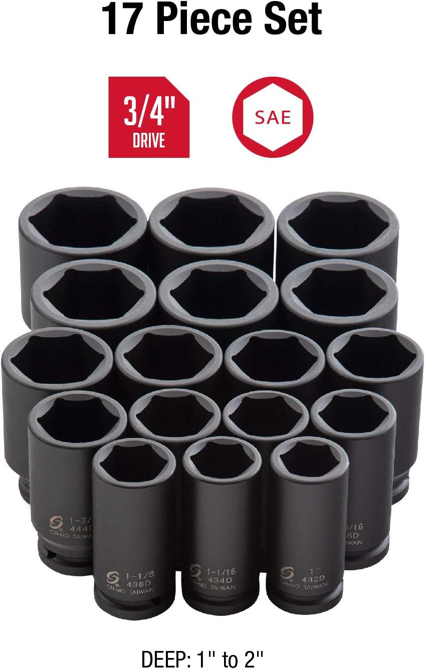 SUNEX TOOLS 4685, 3/4 Inch Drive Deep Impact Socket Set, 17-Piece, SAE, 1"-2", Cr-Mo Steel, Radius Corner Design, Dual Size Markings, Heavy Duty Storage Case