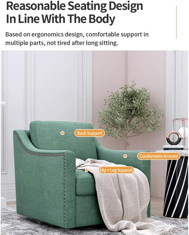 Swivel Accent Chair Armchair, 360° Swivel Chair in Cotton Linen, Living Room Chairs with Wide Cusion and Curved Armrest, Comfy Barrel Sofa Reading Chairs for Bedroom, Small Spaces, Office, Green