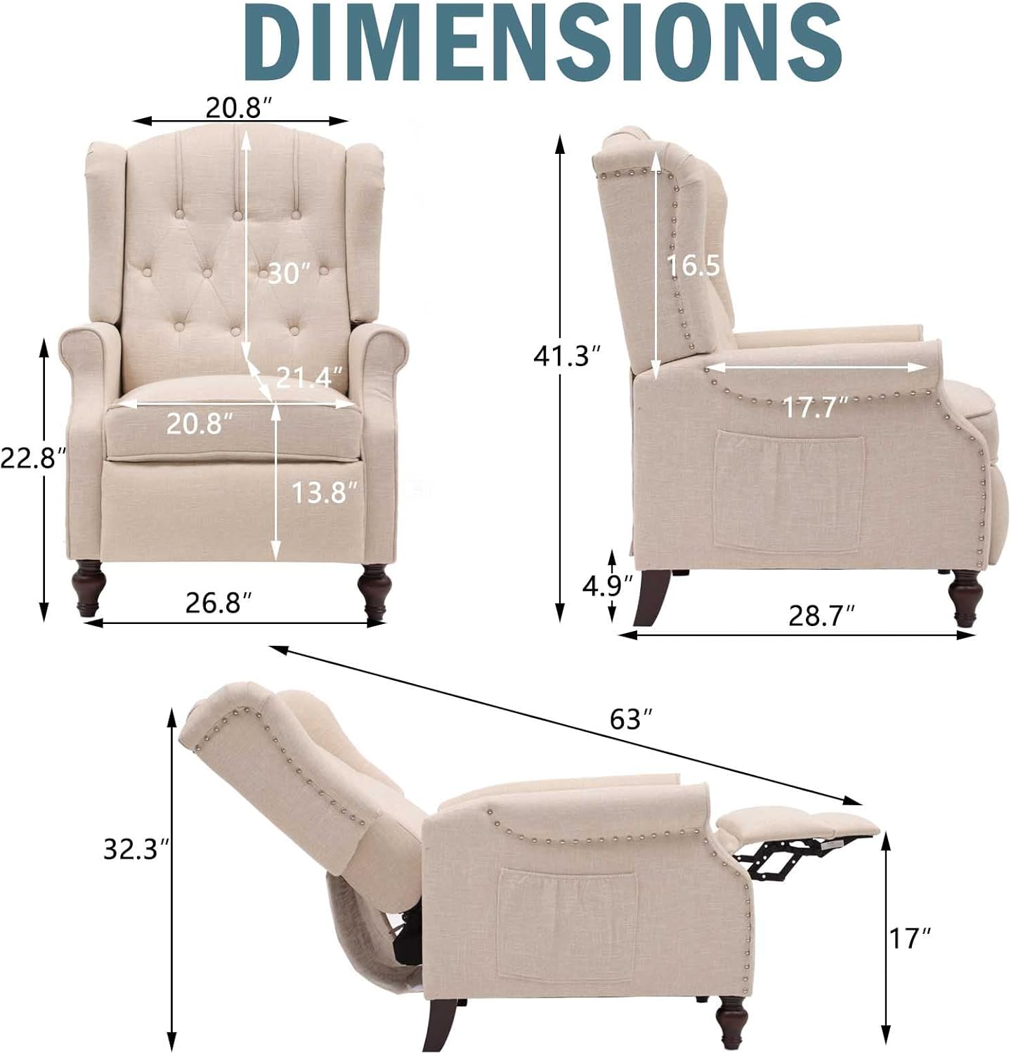 BINGTOO Wingback Recliner Chair with Massage and Heat Pushback Recliner Chair Mid Century Accent Chairs Tufted Fabric with Rivet Decoration for Living Room Bedroom