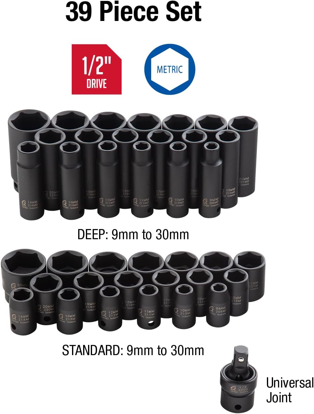 SUNEX TOOLS 2669, 1/2 Inch Drive Master Impact Socket Set, 39-Piece,, 9mm-30mm, Standard/Deep, Cr-Mo Steel, Radius Corner Design, Dual Size Markings, Heavy Duty Storage Case